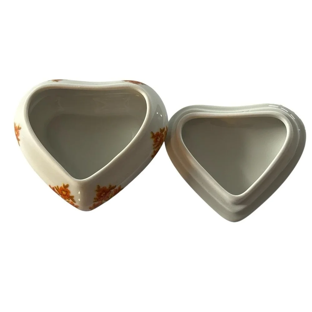 Limoges France Trinket Box Hand Painted Heart Shaped Floral Orange VTG Porcelain